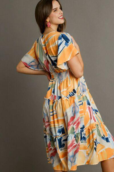 Umgee Full Size Abstract Print Flutter Sleeve Frill Tiered Midi Dress Plus Size - Clothes For Her Online Store