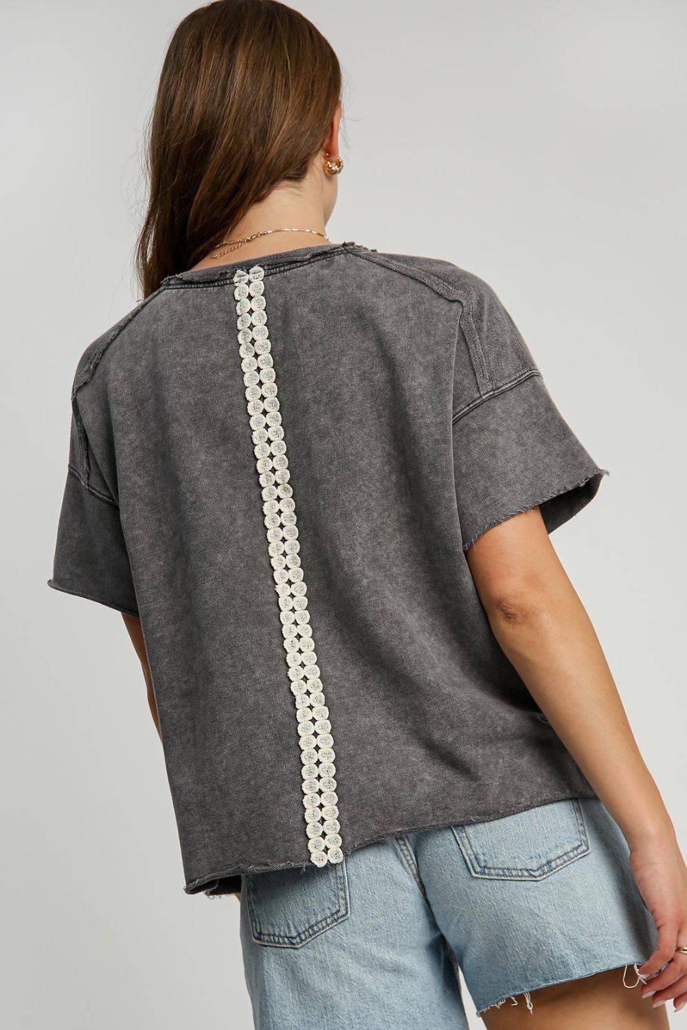 Umgee Full Size Mineral Wash T-Shirt with Lace Applique Plus Size - Clothes For Her Online Store