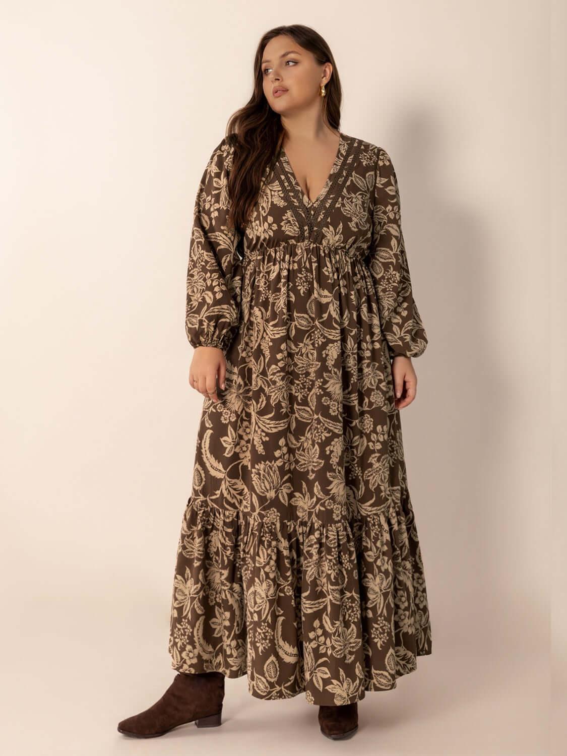 Plus Size Printed V-Neck Balloon Sleeve Maxi Dress - Clothes For Her Online Store