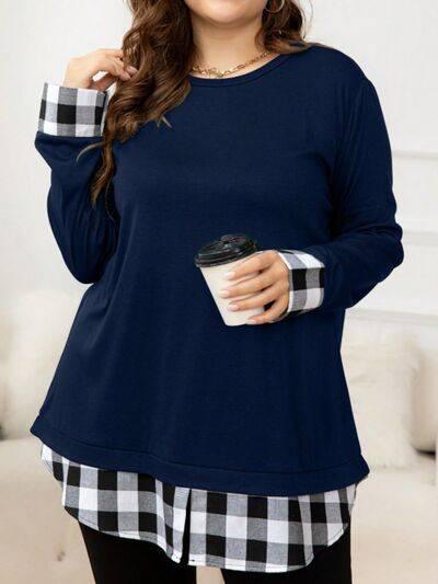 Plus Size Plaid Hem Round Neck Long Sleeve Sweatshirt - Clothes For Her Online Store