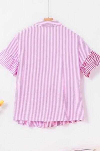 Button Down Striped Ruffled Hem Shirt - Clothes For Her Online Store