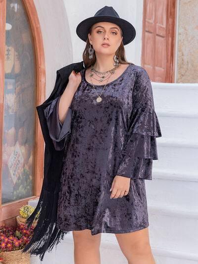 Plus Size Round Neck Flounce Sleeve Mini Dress - Clothes For Her Online Store