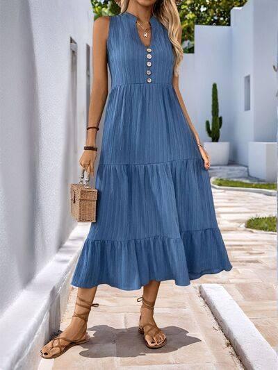 Perfee Decorative Button Notched Sleeveless Tiered Dress - Clothes For Her Online Store