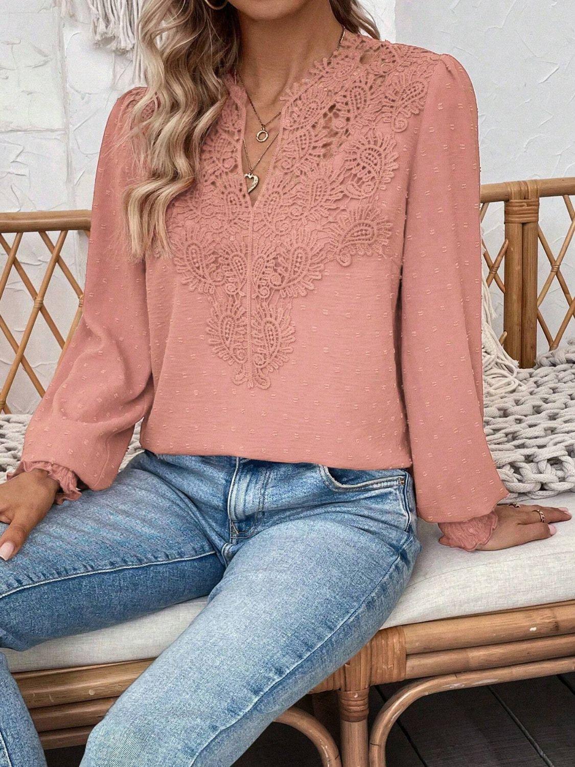 Swiss Dot Lace Detail Notched Long Sleeve Blouse - Clothes For Her Online Store