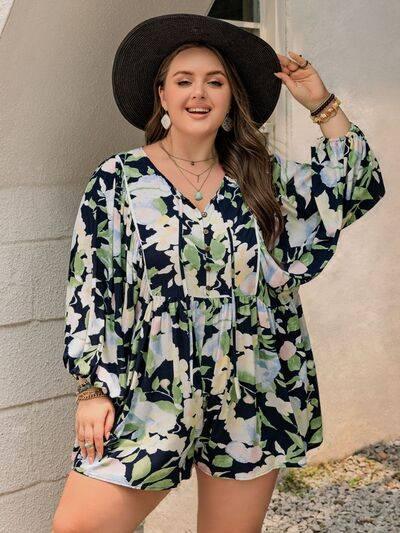 Plus Size Tied Printed Long Sleeve Romper - Clothes For Her Online Store