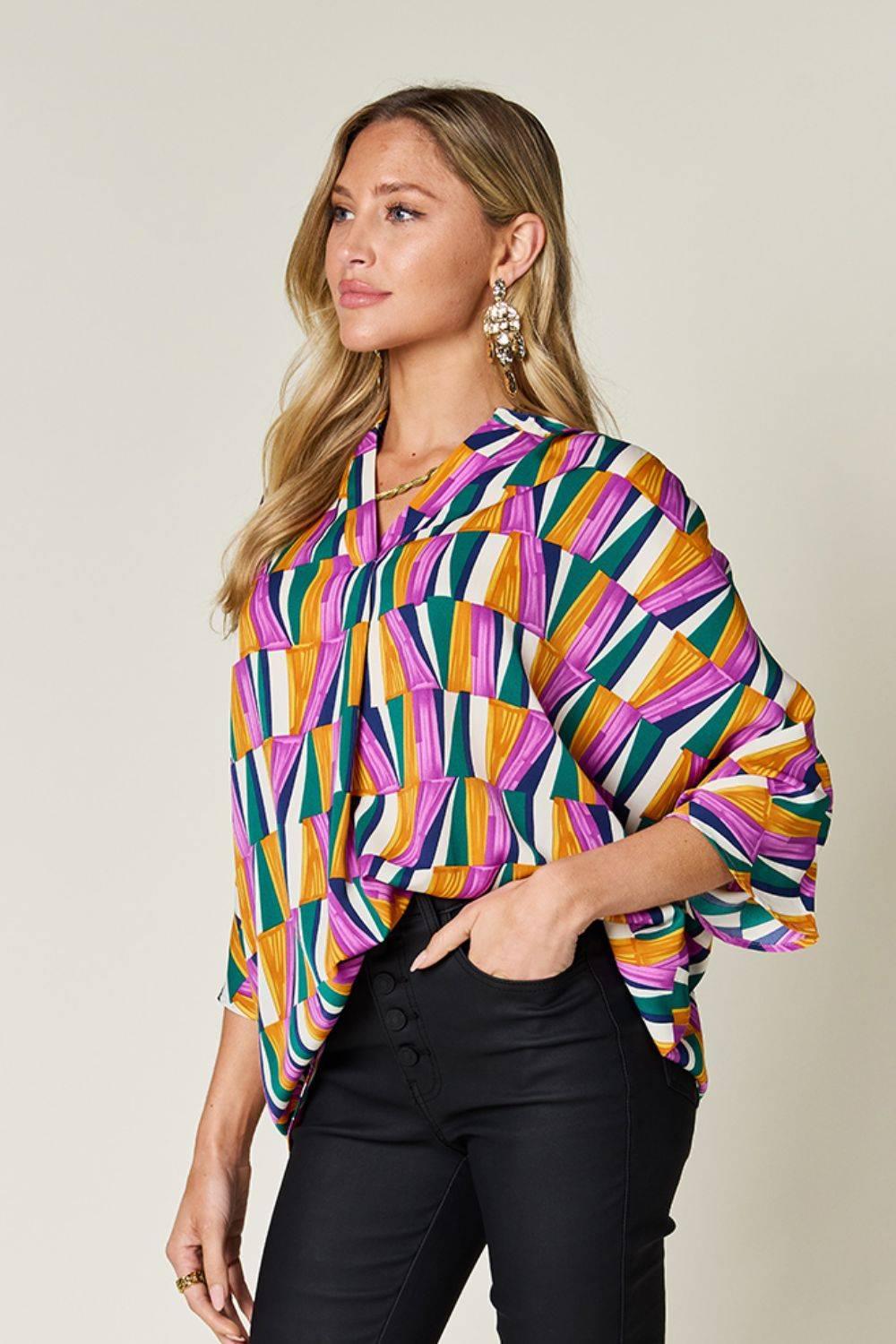 Double Take Full Size Geometric Notched Dolman Sleeve Top - Clothes For Her Online Store