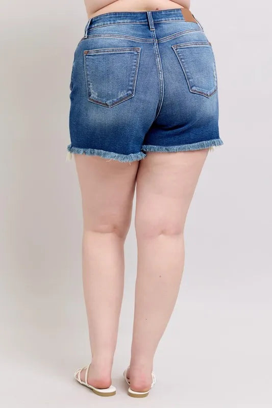 Judy Blue Plus Size 2 Button Dad Shorts with Destrroy