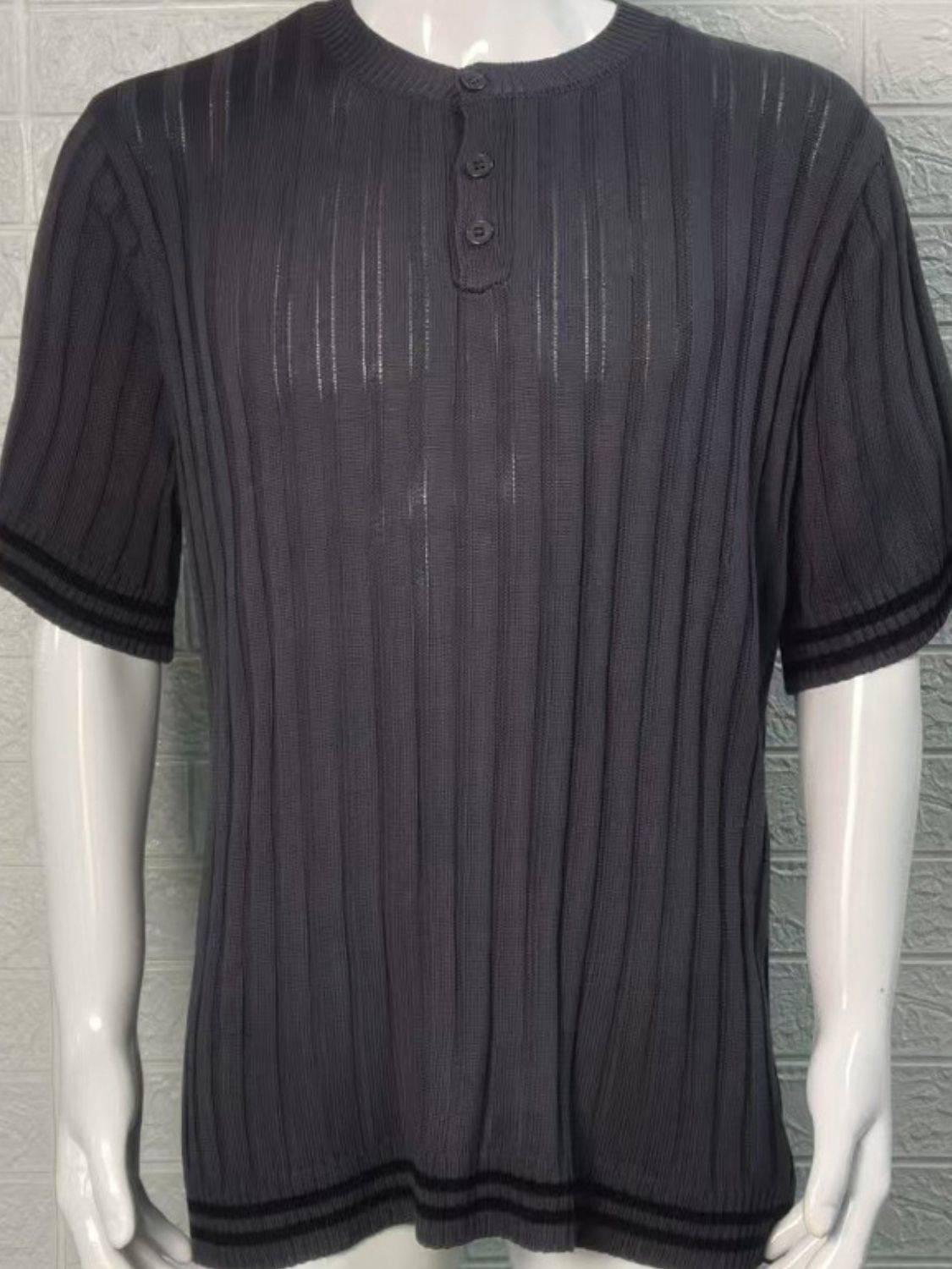 Men's Plus Size Ribbed Quarter Button Round Neck Striped Trim Polo - Clothes For Her Online Store