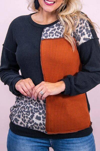 Plus Size Waffle-Knit Leopard Round Neck Blouse - Clothes For Her Online Store