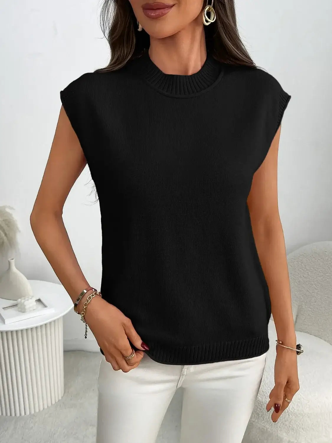 Mock Neck Cap Sleeve Knit Top