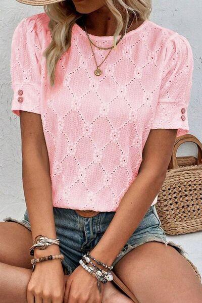 Flower Geometric Textured Short Sleeve Top - Clothes For Her Online Store