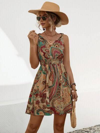 Smocked Printed V-Neck Mini Dress - Clothes For Her Online Store