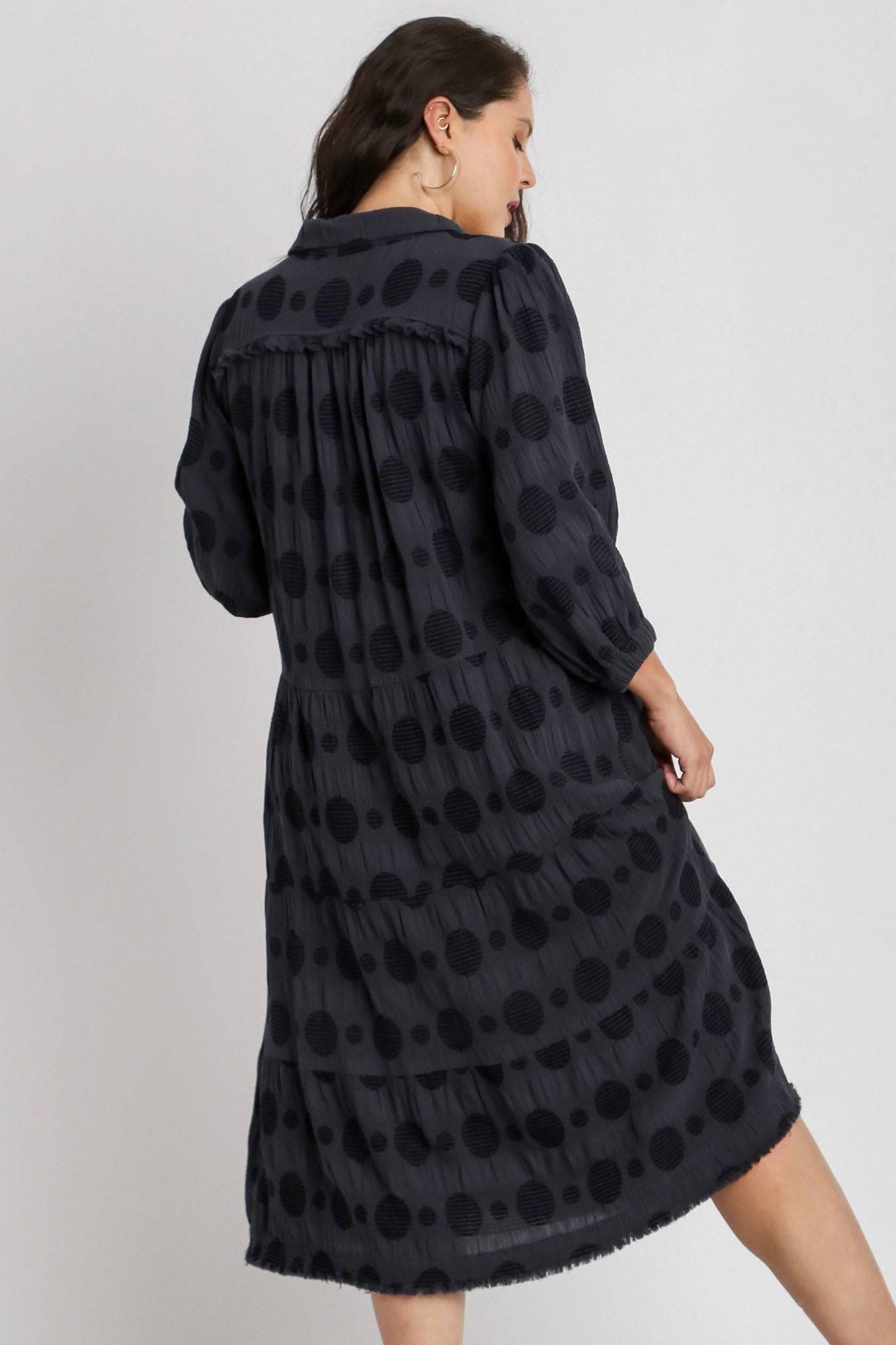 Umgee Full Size Solid Dotted Jacquard Midi Dress Plus Size - Clothes For Her Online Store
