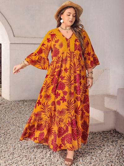 Plus Size Lace Detail Printed V-Neck Maxi Dress - Clothes For Her Online Store