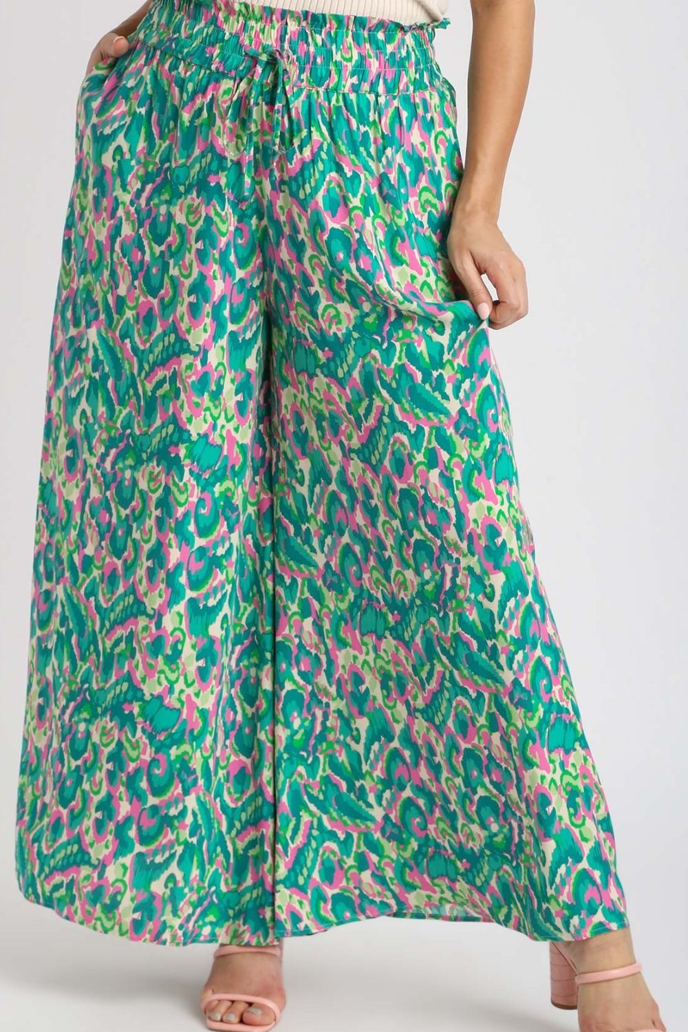 Umgee Full Size Mixed Print High Waist Wide Leg Pants Plus Size - Clothes For Her Online Store