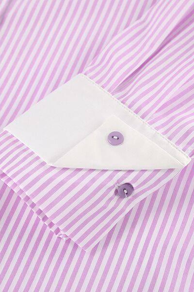 Striped Collared Neck Long Sleeve Shirt - Clothes For Her Online Store
