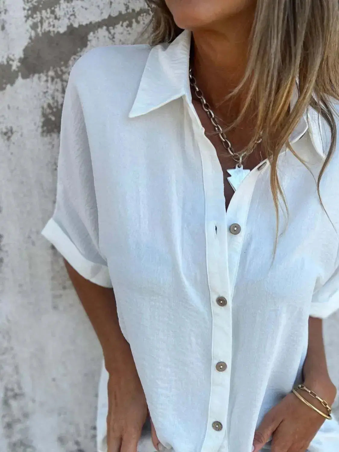 Full Size Collared Neck Half Sleeve Shirt Plus Size - Clothes For Her Online Store