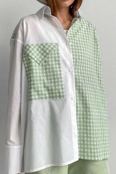 Two-Tone Plaid Button Down Long Sleeve Shirt - Clothes For Her Online Store