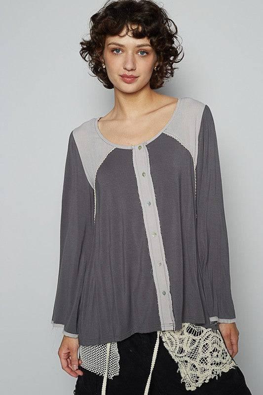 POL Contrast Button Front Long Sleeve Knit Top - Clothes For Her Online Store