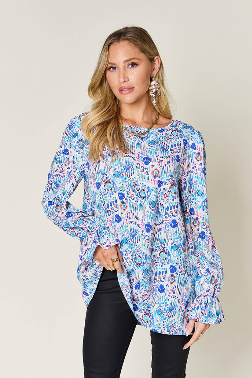 Double Take Full Size Printed Flounce Sleeve Blouse - Clothes For Her Online Store
