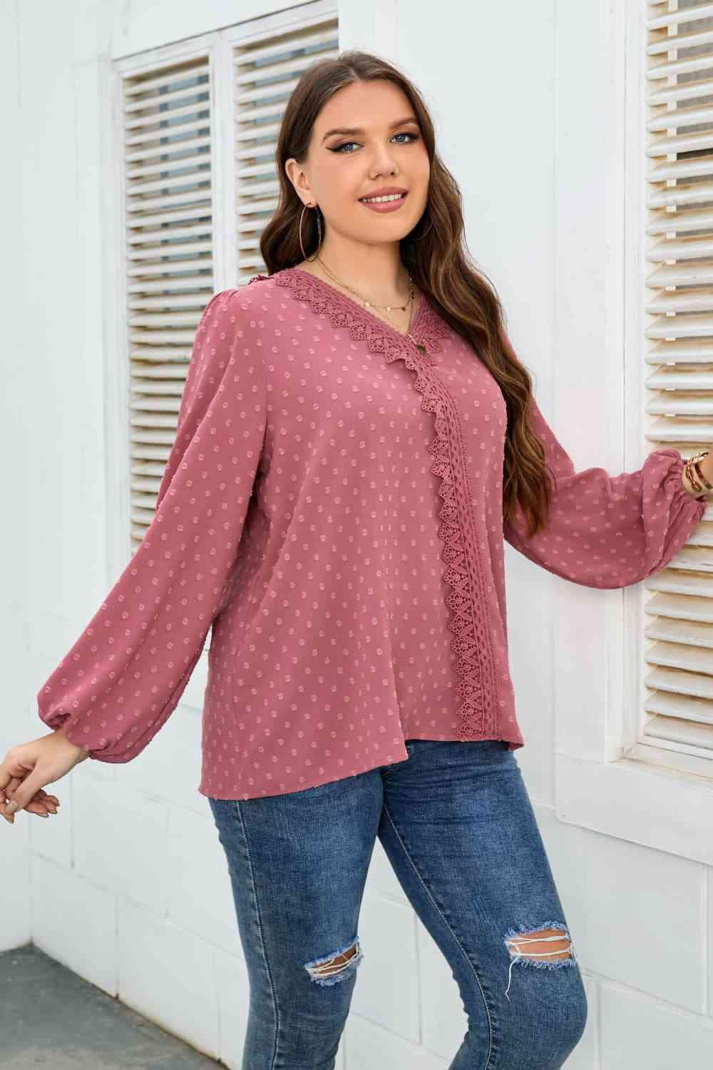 Honey Melo Apparel Plus Size Lace Trim V-Neck Balloon Sleeve Blouse - Clothes For Her Online Store