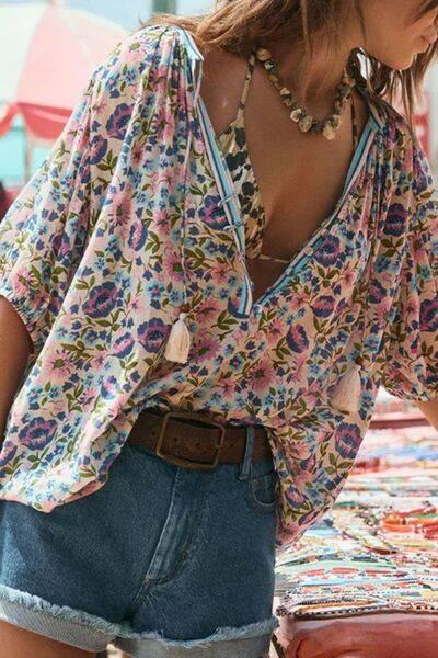 Floral Tie Neck Half Sleeve Blouse - Clothes For Her Online Store
