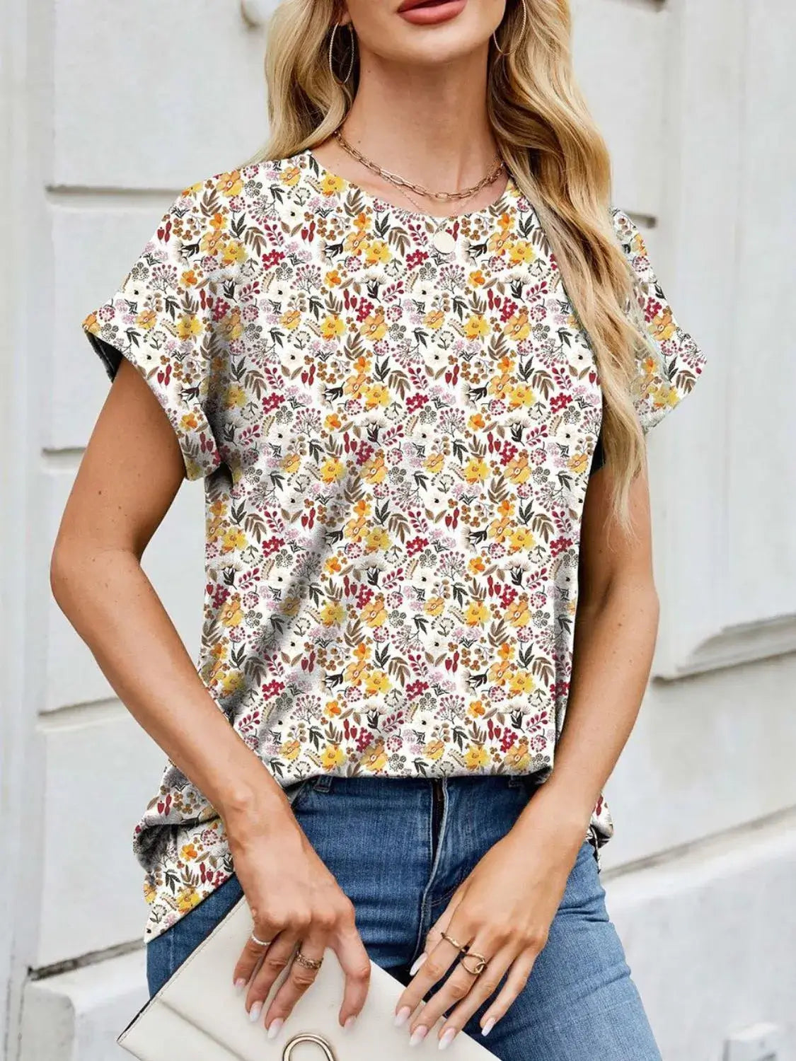 Printed Round Neck Short Sleeve Top - Clothes For Her Online Store