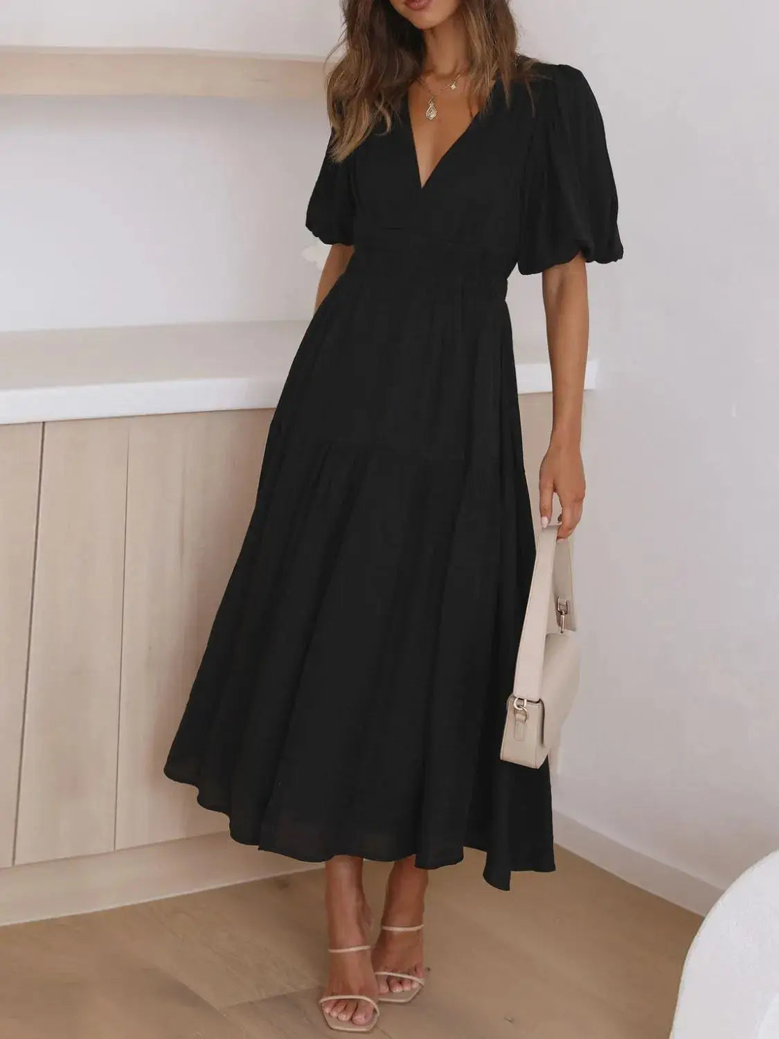 V-Neck Puff Sleeve Midi Dress - Clothes For Her Online Store