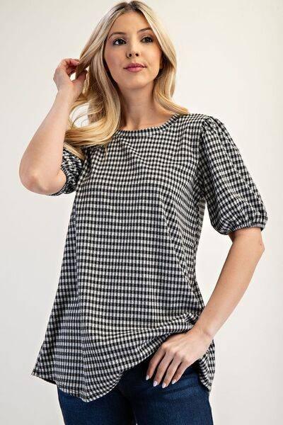 Celeste Full Size Gingham Print Top With Puff Sleeves Plus Size - Clothes For Her Online Store