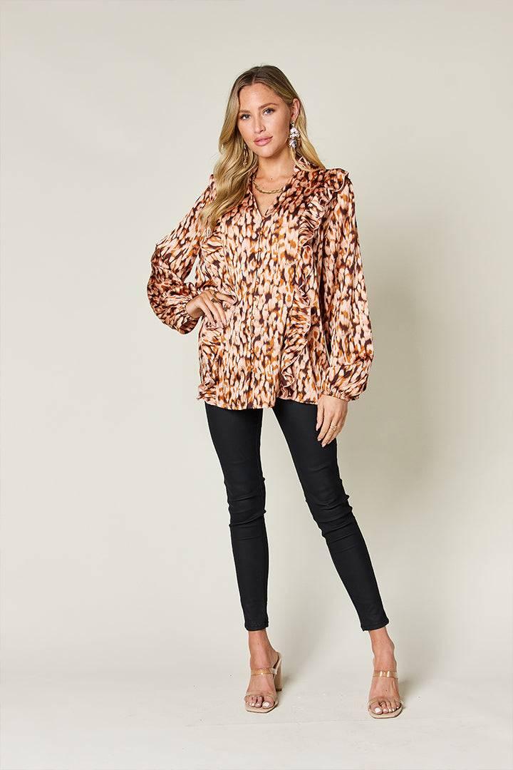Double Take Full Size Printed Ruffle Trim Balloon Sleeve Shirt - Clothes For Her Online Store