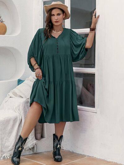 Plus Size Tie Neck Balloon Sleeve Midi Dress - Clothes For Her Online Store