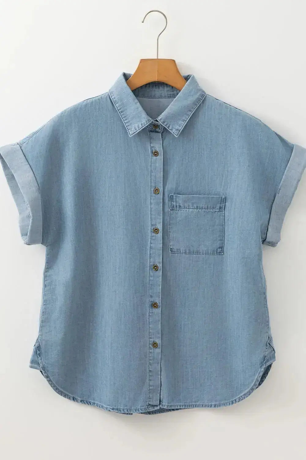 Folded Short Sleeve Patched Pocket Denim Shirt - Clothes For Her Online Store