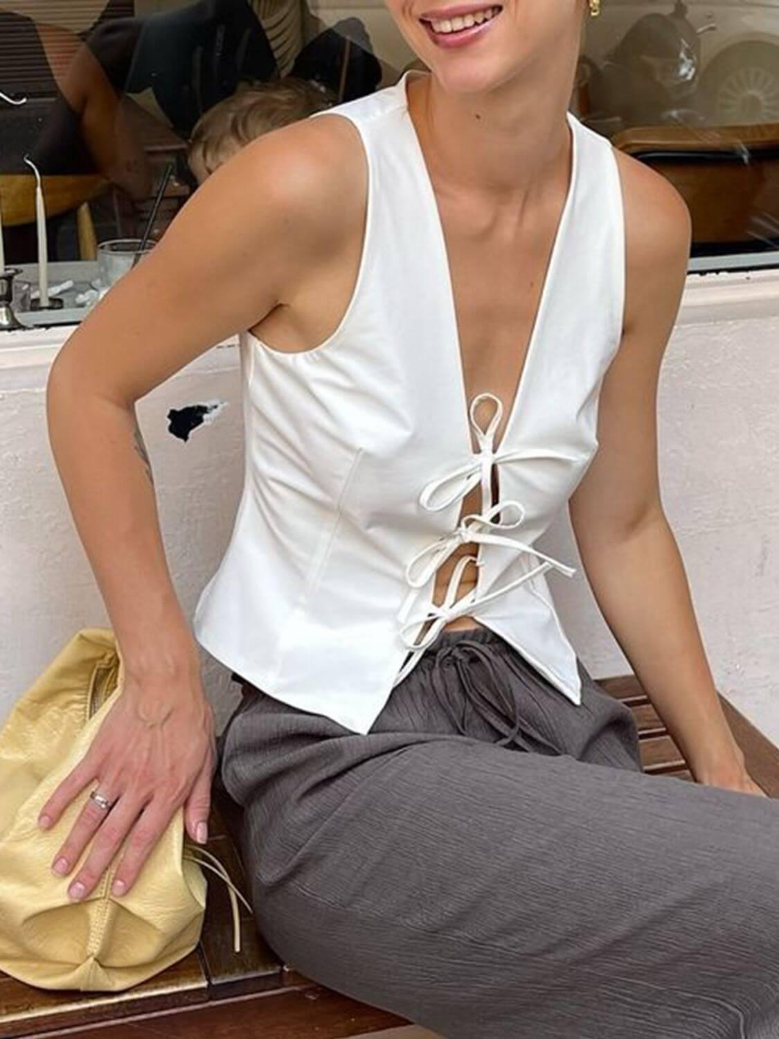 Devine Tied V-Neck Vest - Clothes For Her Online Store