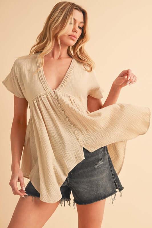 Aemi + Co Tuck Detail V-Neck Short Sleeve Blouse - Clothes For Her Online Store