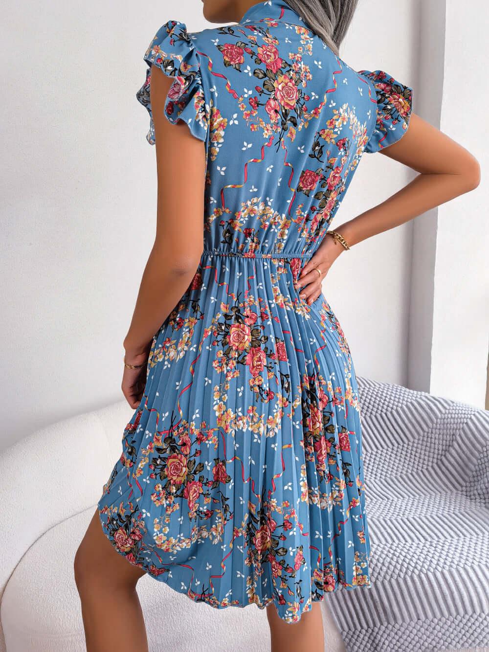 Pleated Floral Printed Tie Neck Knee Length Dress - Clothes For Her Online Store