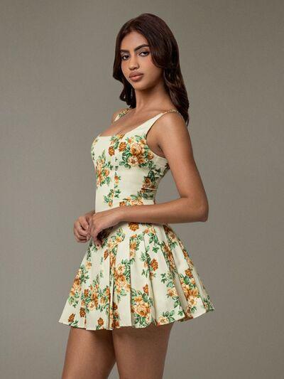 Floral Sleeveless Mini Pleated Dress - Clothes For Her Online Store