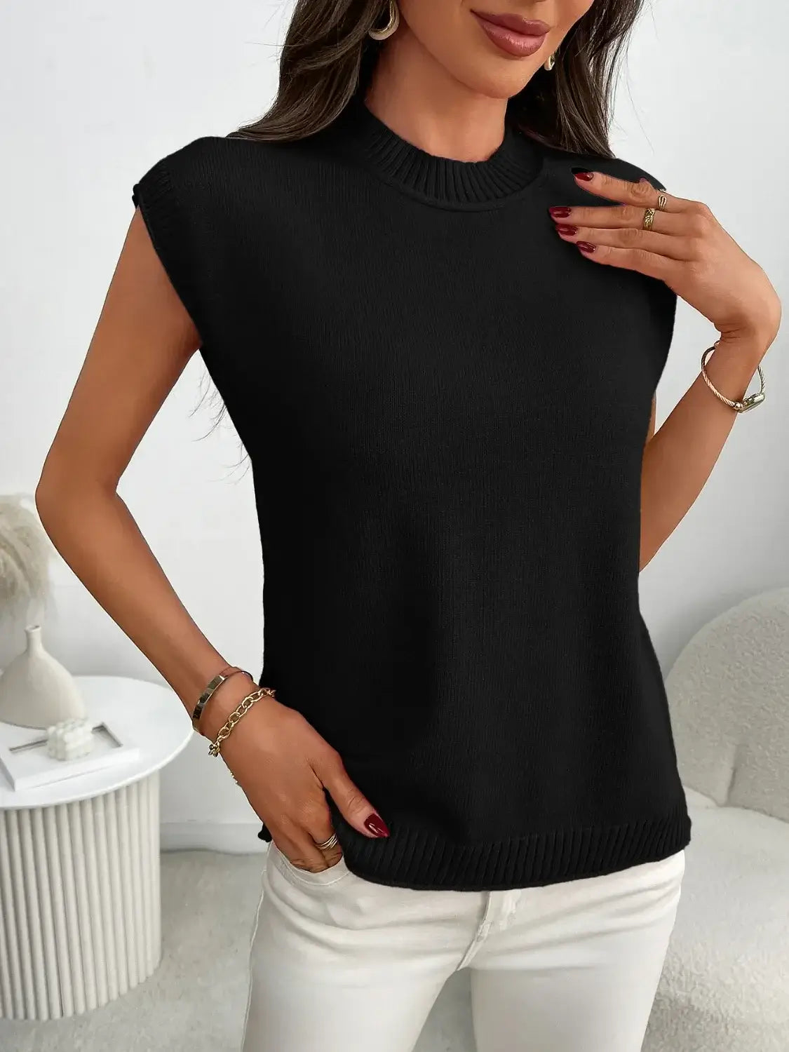Mock Neck Cap Sleeve Knit Top