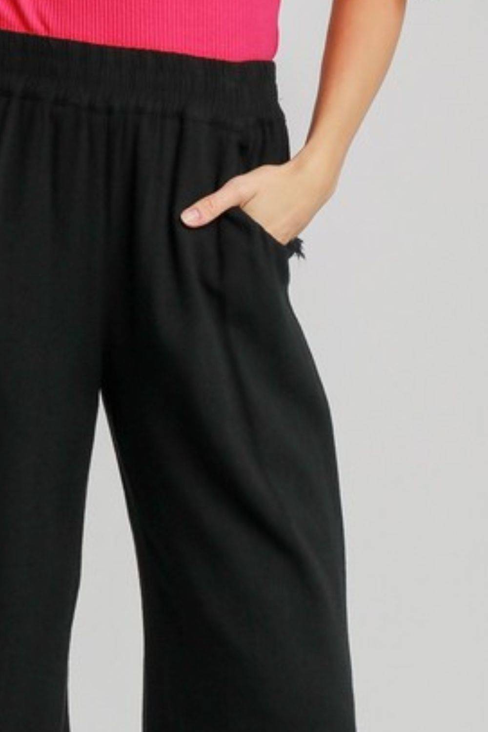 Umgee Full Size Linen Blend Elastic Waistband Wide Leg Pants Plus Size - Clothes For Her Online Store