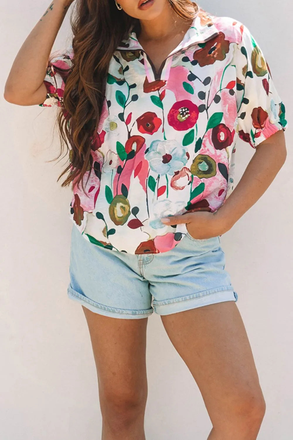 Floral Print Short Sleeve Blouse