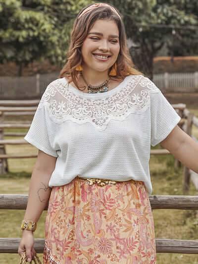 Plus Size Lace Detail Round Neck Short Sleeve Top - Clothes For Her Online Store