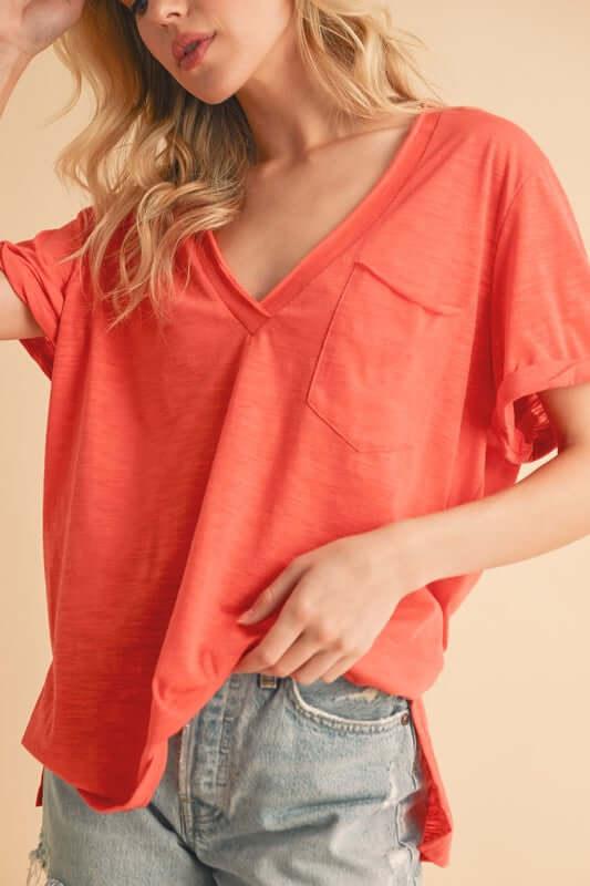 Aemi + Co Side Slit V-Neck Short Rolled Sleeve T-Shirt - Clothes For Her Online Store