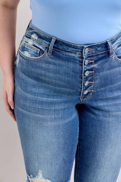 Judy Blue Full Size Button Fly Distressed Jeans with Pockets Plus Size - Clothes For Her Online Store
