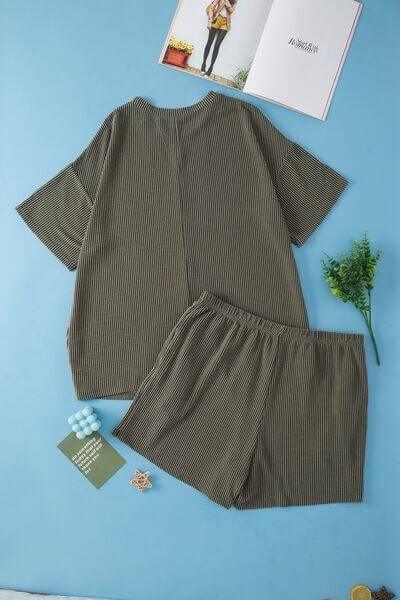 Plus Size Round Neck Top and Pocketed Shorts Set - Clothes For Her Online Store
