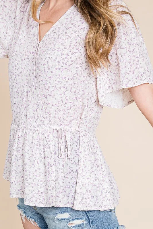 Lime 'N' Chili Ditsy Print V-Neck Short Sleeve Wrap Blouse