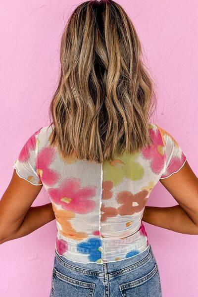 Printed Round Neck Short Sleeve Blouse - Clothes For Her Online Store