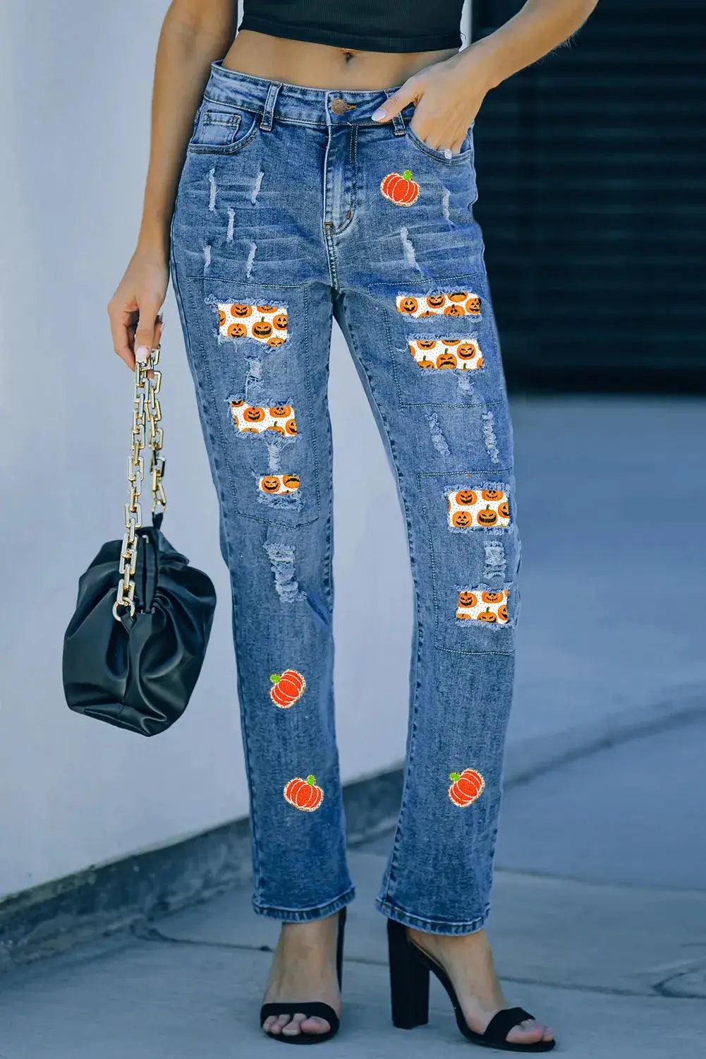 Distressed Pumpkin Jeans with Pockets - Clothes For Her Online Store