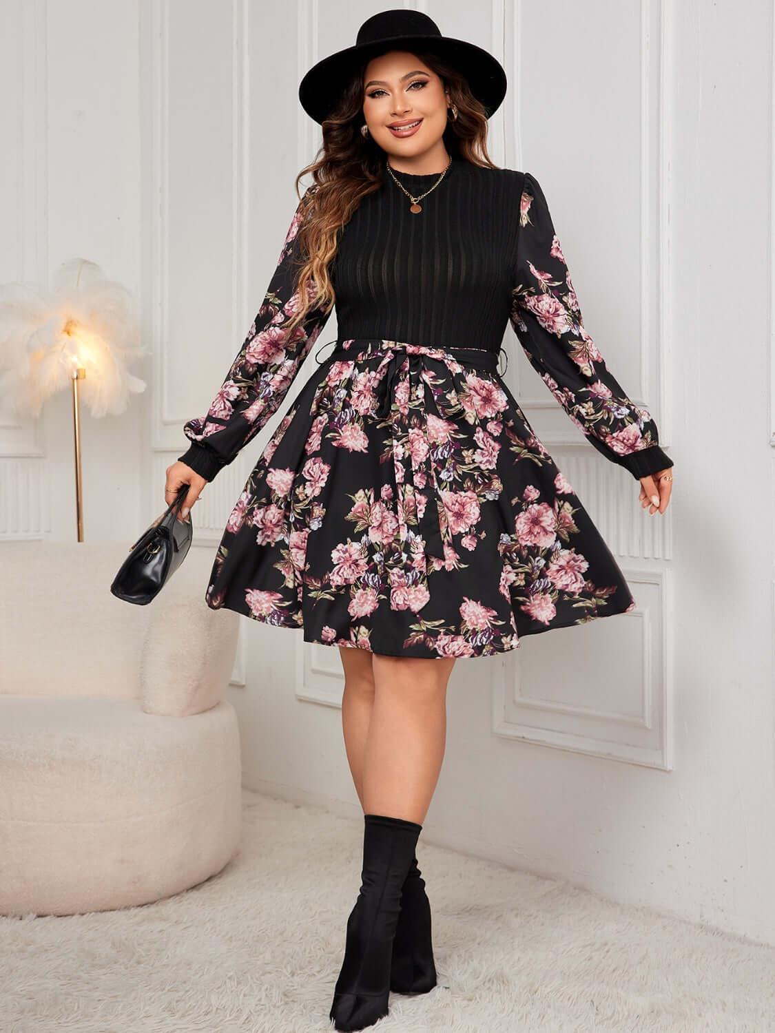 Plus Size Tied Printed Long Sleeve Dress - Clothes For Her Online Store