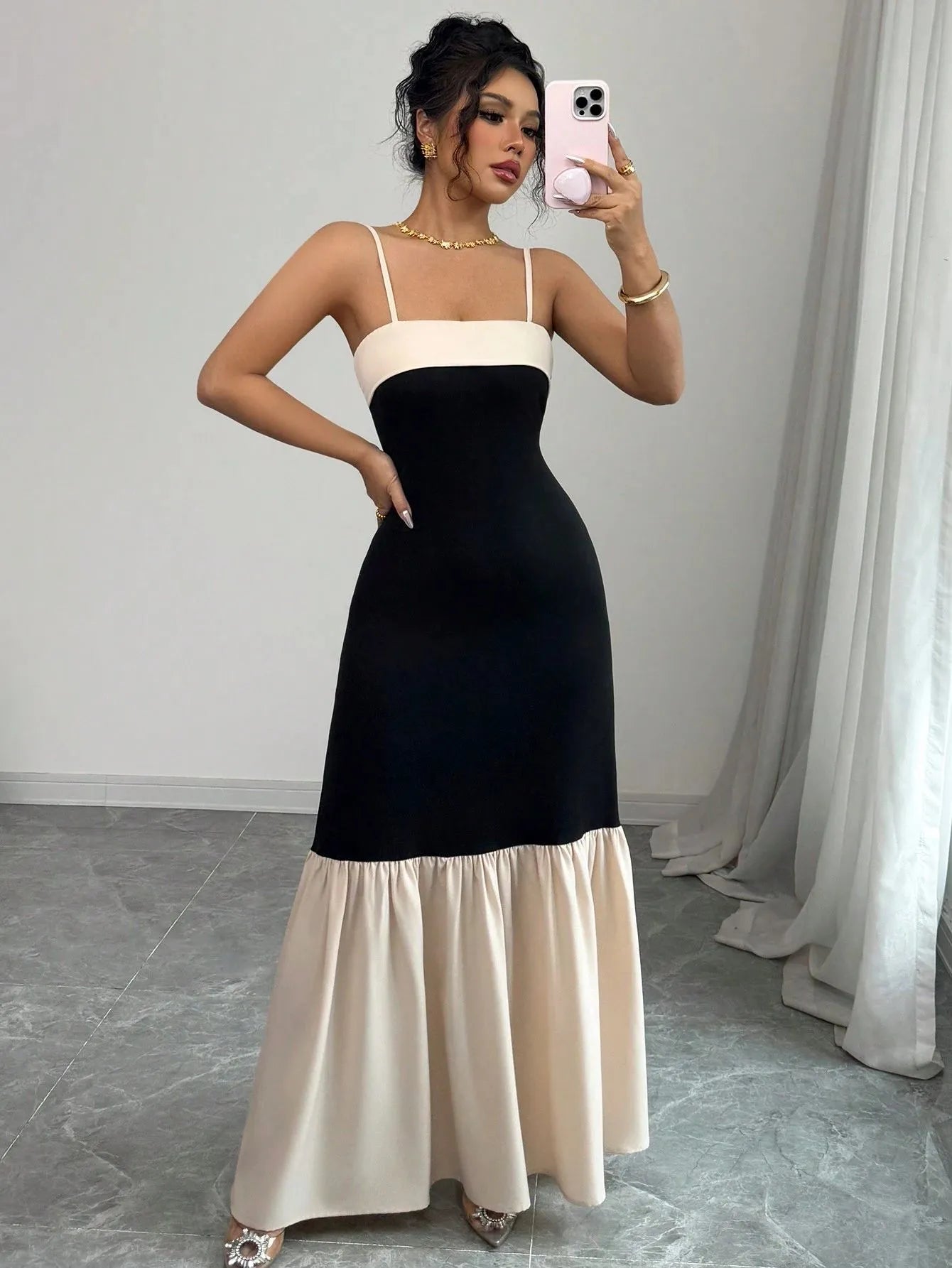 Two-Tone Spaghetti Strap Maxi Dress