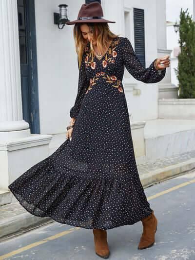 Embroidered V-Neck Long Sleeve Dress - Clothes For Her Online Store