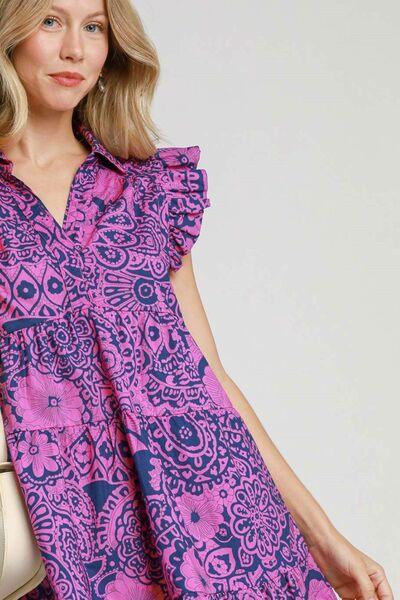 Umgee Full Size Printed Ruffle Cap Sleeve Babydoll Dress Plus Size - Clothes For Her Online Store